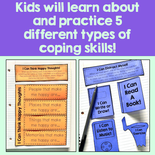 Educational materials for teaching coping skills with colorful cards and a pen on a white background.