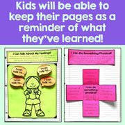 Educational pages with text and graphics on a purple background