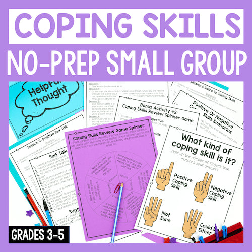 Coping skills educational materials with worksheets and a spinner on a purple background
