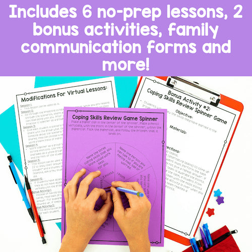 Educational materials with a purple spinner and text about no-prep lessons and bonus activities.