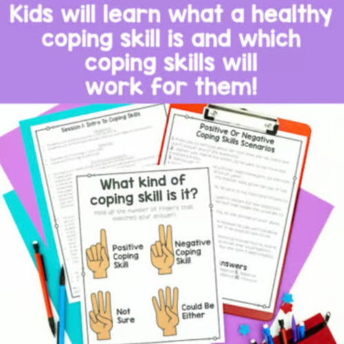 Educational materials on coping skills with colorful covers and text overlay.