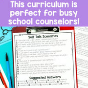 Sheet of paper with self-talk scenarios and suggested answers on a purple background with text 'This curriculum is perfect for busy school counselors!'.