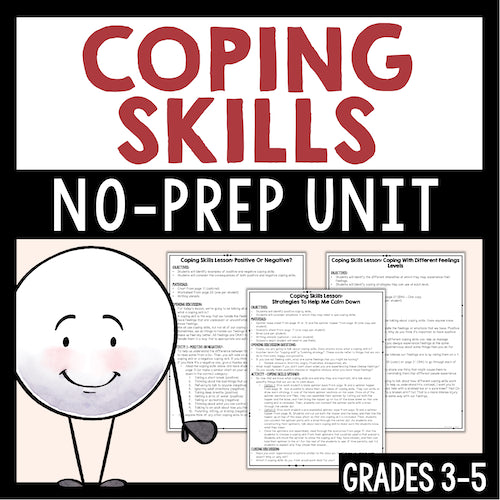 Coping Skills No-Prep Unit cover with a cartoon character and text about grades 3-5.