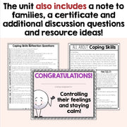 Educational materials with coping skills reflection questions, a certificate, and additional discussion questions on a white background.