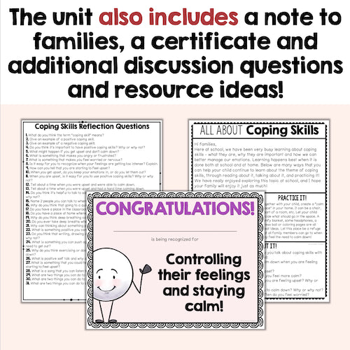 Educational materials with coping skills reflection questions, a certificate, and additional discussion questions on a white background.