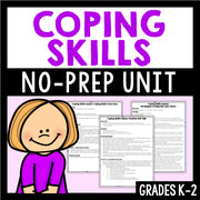 Cover of a 'Coping Skills No-Prep Unit' for grades K-2 with a cartoon character and lesson plans.