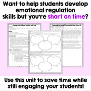 Coping Skills Lesson: Positive Self-Talk worksheets on a pink background with text about helping students develop emotional regulation skills.