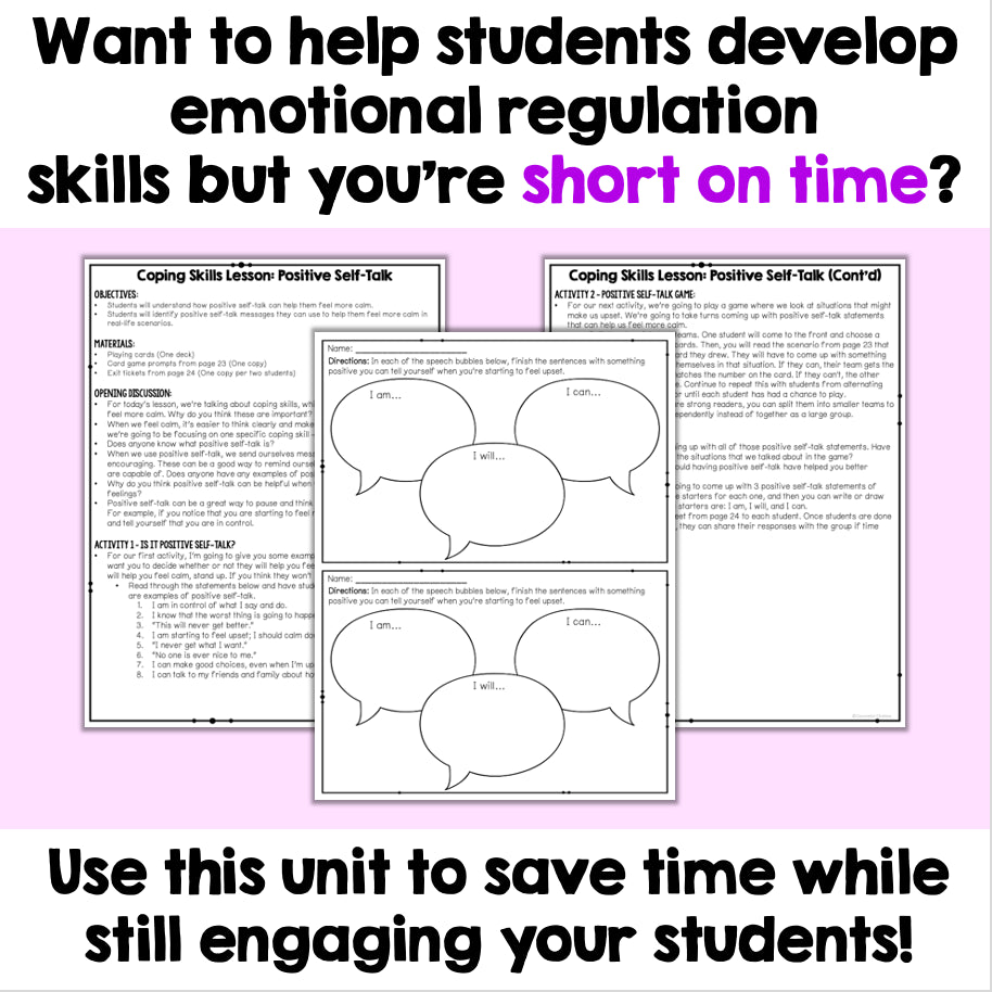 Coping Skills Lesson: Positive Self-Talk worksheets on a pink background with text about helping students develop emotional regulation skills.