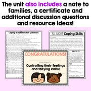 Educational materials with coping skills reflection questions, a certificate, and additional discussion questions on a purple background.