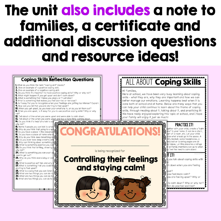 Educational materials with coping skills reflection questions, a certificate, and additional discussion questions on a purple background.