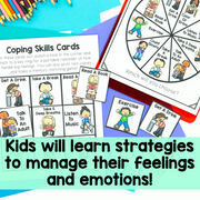 Educational materials for teaching coping skills to children on a colorful background.