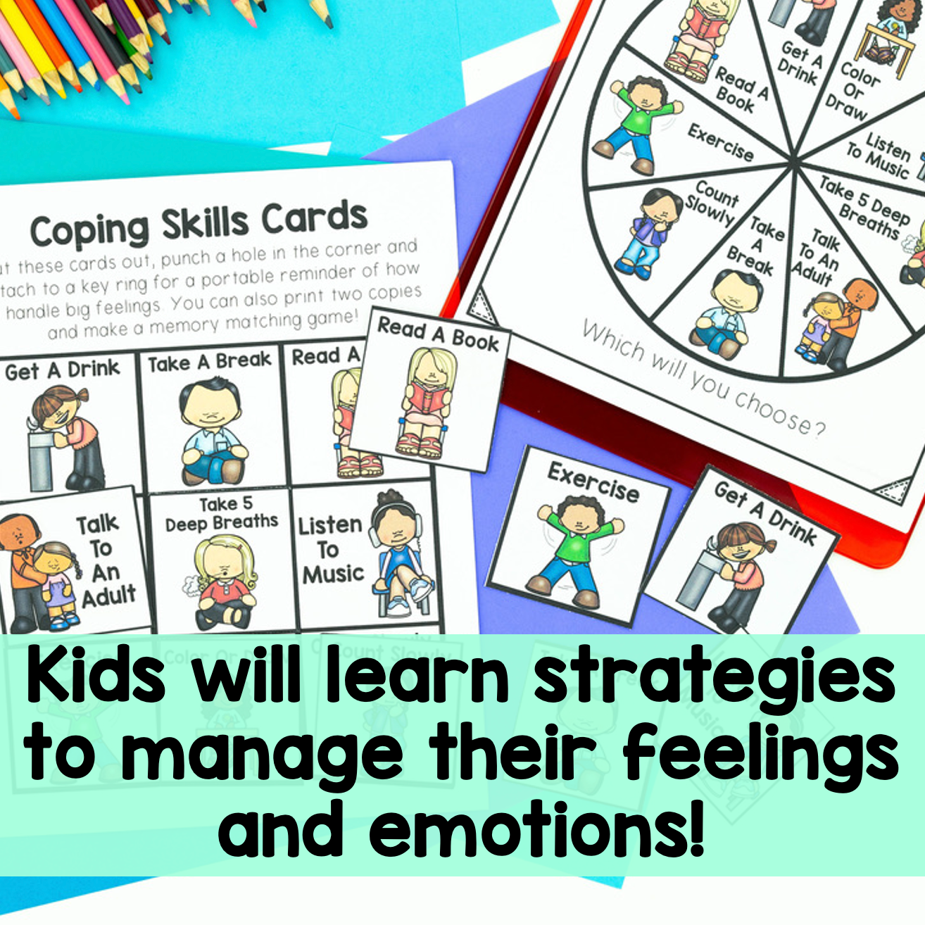 Educational materials for teaching coping skills to children on a colorful background.