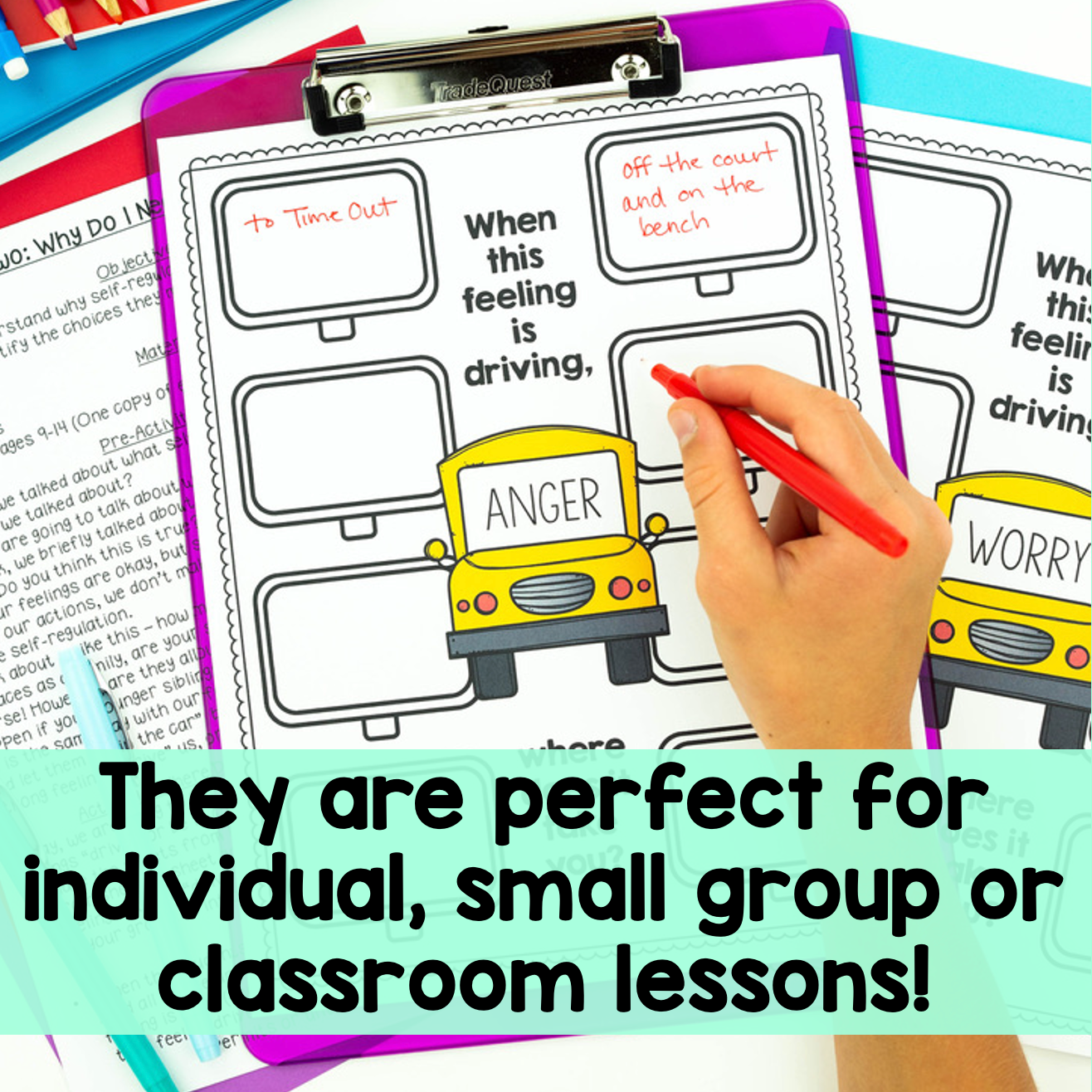 Educational materials with a hand holding a red pen, used for individual or group lessons.