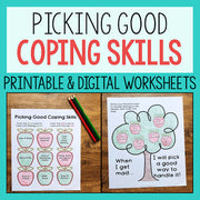 Coping skills worksheets with colored pencils on a wooden surface and teal background