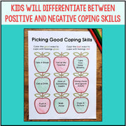 Worksheet titled 'Picking Good Coping Skills' with colored apples on a teal background