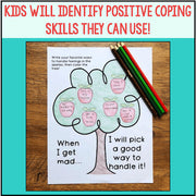 Coloring sheet with a tree diagram for managing feelings, accompanied by colored pencils on a wooden surface.