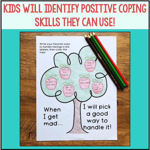 Coloring sheet with a tree diagram for managing feelings, accompanied by colored pencils on a wooden surface.
