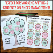 Educational materials on anger management for K-2 students with a tree diagram and apple illustrations.