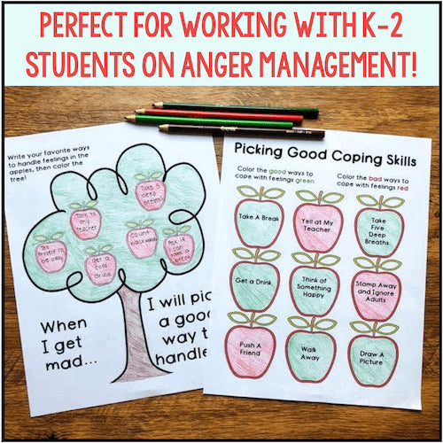Educational materials on anger management for K-2 students with a tree diagram and apple illustrations.