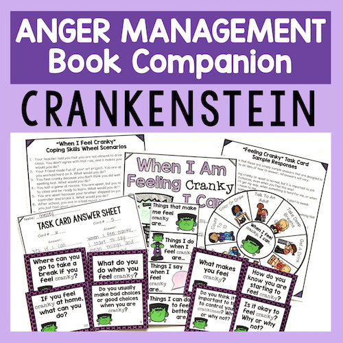 Anger management book companion materials with character design on a purple background