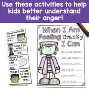 Educational materials for children to help them understand and manage their anger, featuring a character named Frankenstein.