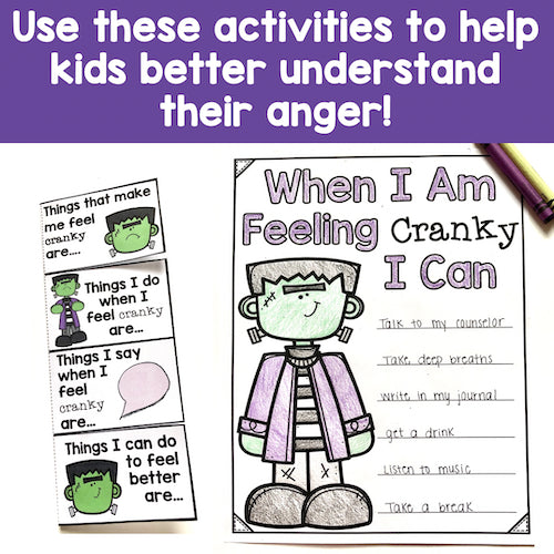 Educational materials for children to help them understand and manage their anger, featuring a character named Frankenstein.