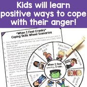 Coping skills wheel for managing anger with illustrations and text on a purple background