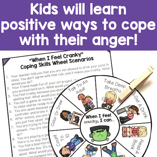 Coping skills wheel for managing anger with illustrations and text on a purple background
