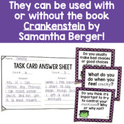 Task cards and answer sheet with educational content, featuring text about using them with 'Crankenstein' by Samantha Berger.