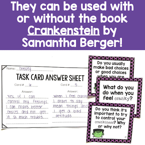 Task cards and answer sheet with educational content, featuring text about using them with 'Crankenstein' by Samantha Berger.