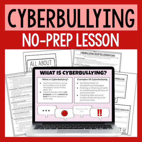 Cyberbullying lesson materials with a laptop displaying a definition of cyberbullying on a red background.