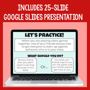 Laptop displaying a Google Slides presentation with a red border and text about practicing social skills.
