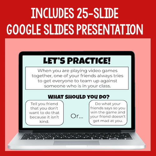 Laptop displaying a Google Slides presentation with a red border and text about practicing social skills.