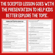 Scripted lesson plan for cyberbullying on a red background with text.