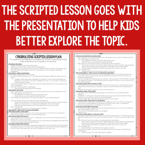 Scripted lesson plan for cyberbullying on a red background with text.