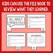 Educational materials about cyberbullying on a red background with text indicating kids can use the file book to review what they learned.