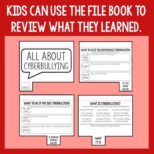 Educational materials about cyberbullying on a red background with text indicating kids can use the file book to review what they learned.