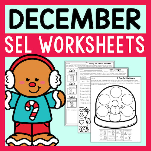 December SEL worksheets with a gingerbread man character on a pink border