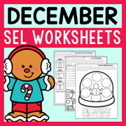 December SEL worksheets with a gingerbread man character on a pink border