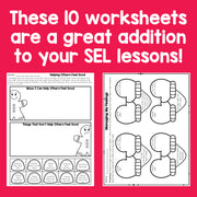 Two worksheets on a pink background with text about their use in SEL lessons.