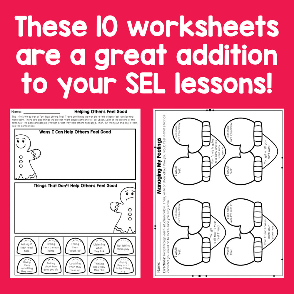 Two worksheets on a pink background with text about their use in SEL lessons.