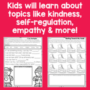 Educational worksheets with text on a pink background about learning kindness, self-regulation, and empathy.