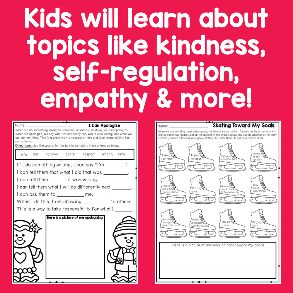 Educational worksheets with text on a pink background about learning kindness, self-regulation, and empathy.