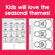 Educational worksheets with text 'Kids will love the seasonal themes!' on a red background