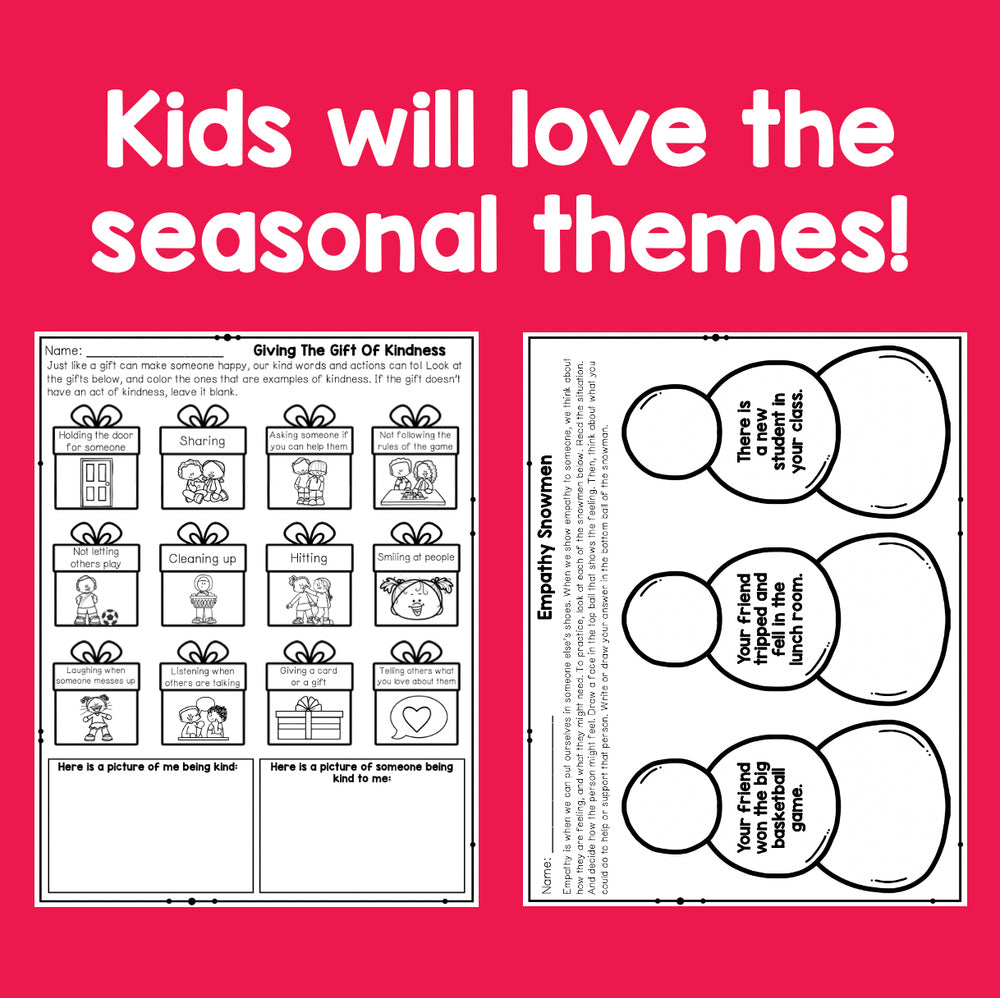 Educational worksheets with text 'Kids will love the seasonal themes!' on a red background
