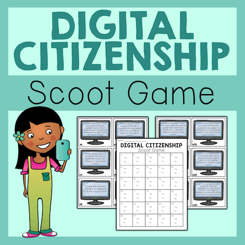 Digital Citizenship Scoot Game with a character holding a phone on a teal background