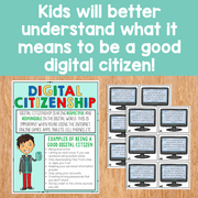 Educational materials on digital citizenship with text and illustrations on a wooden surface.