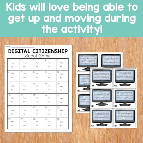 Digital Citizenship Scoot Game with answer sheets on a wooden surface