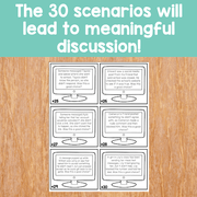 Educational materials with scenarios on a wooden surface and teal background