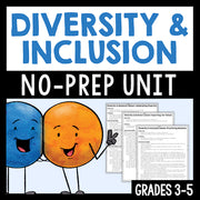 Cover of a 'Diversity & Inclusion No-Prep Unit' for grades 3-5 with cartoon characters and text.